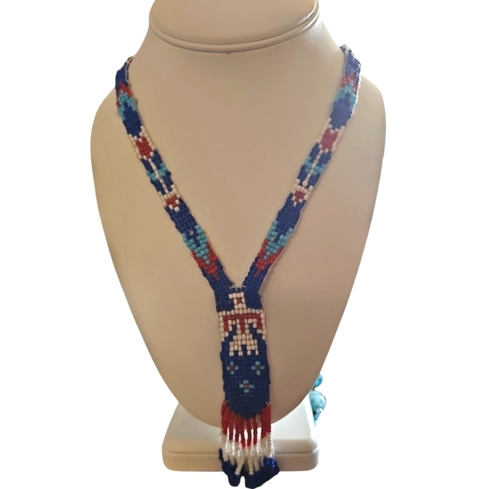 Vintage Art Deco Sautoir Woven Seed Bead Eagle Tribal Necklace